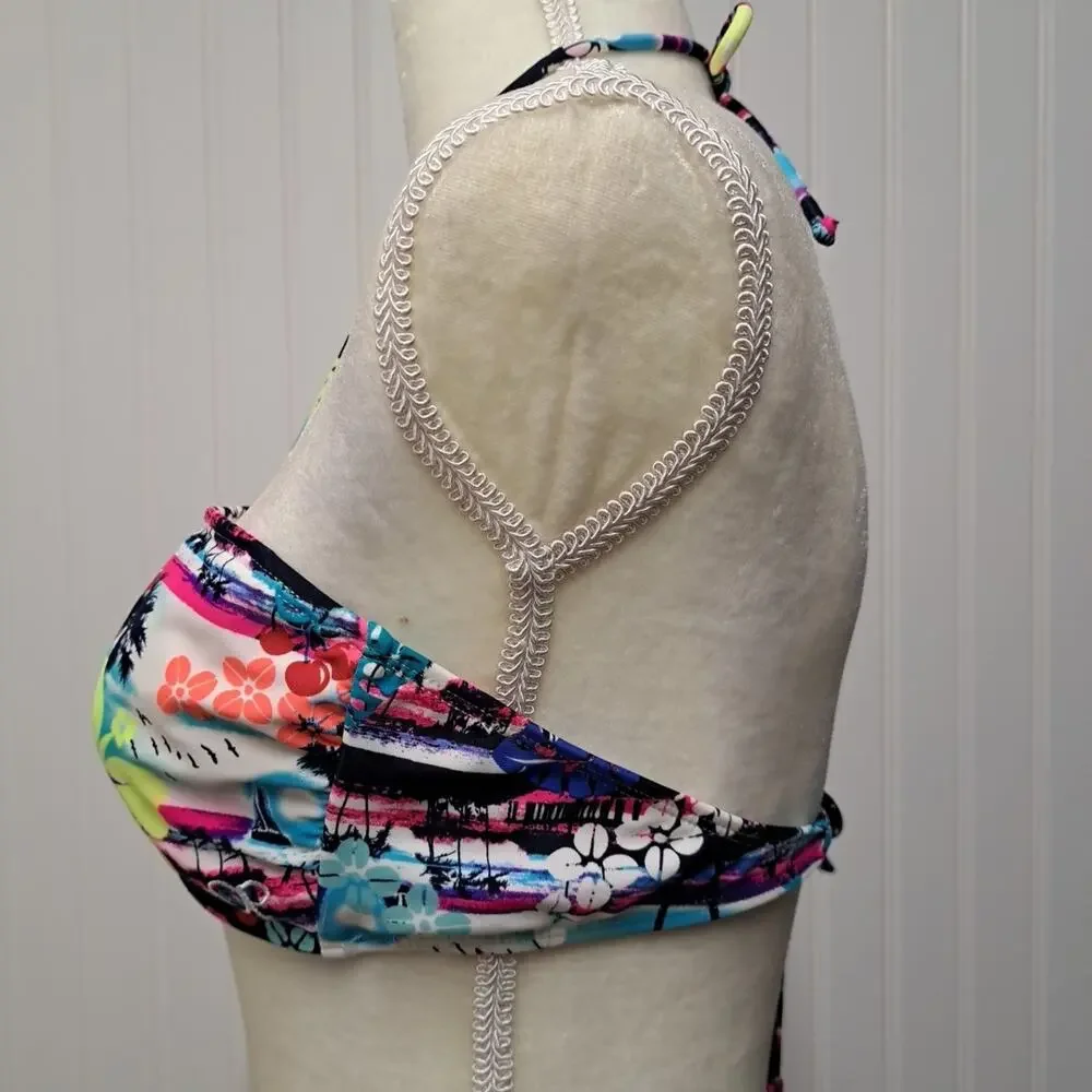 Ocean Pacific OP Bikini Swim Top Womens L Tropical Hawaiian Scene Halter Neck